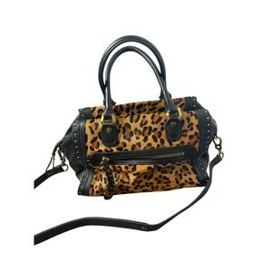 orYANY Brenda Leopard Calf Hair Leather Studded Speedy Satchel Shoulder Bag